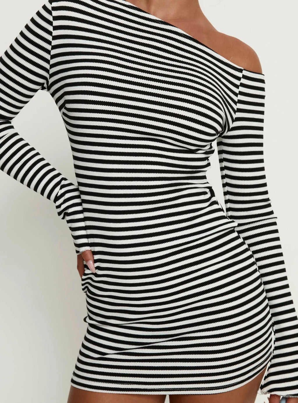 Journi Off Shoulder Long Sleeve Mini Dress Black / White Stripe