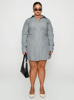Publicity Long Sleeve Mini Dress Blue Pinstripe Curve