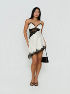 Raines Asymmetrical Lace Mini Dress Ivory / Black
