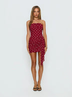 Karlena Strapless Ruched Mini Dress Burgundy Polka Dot