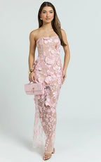 Sienna Maxi Dress - 3D Floral Strapless Column Dress in Pink
