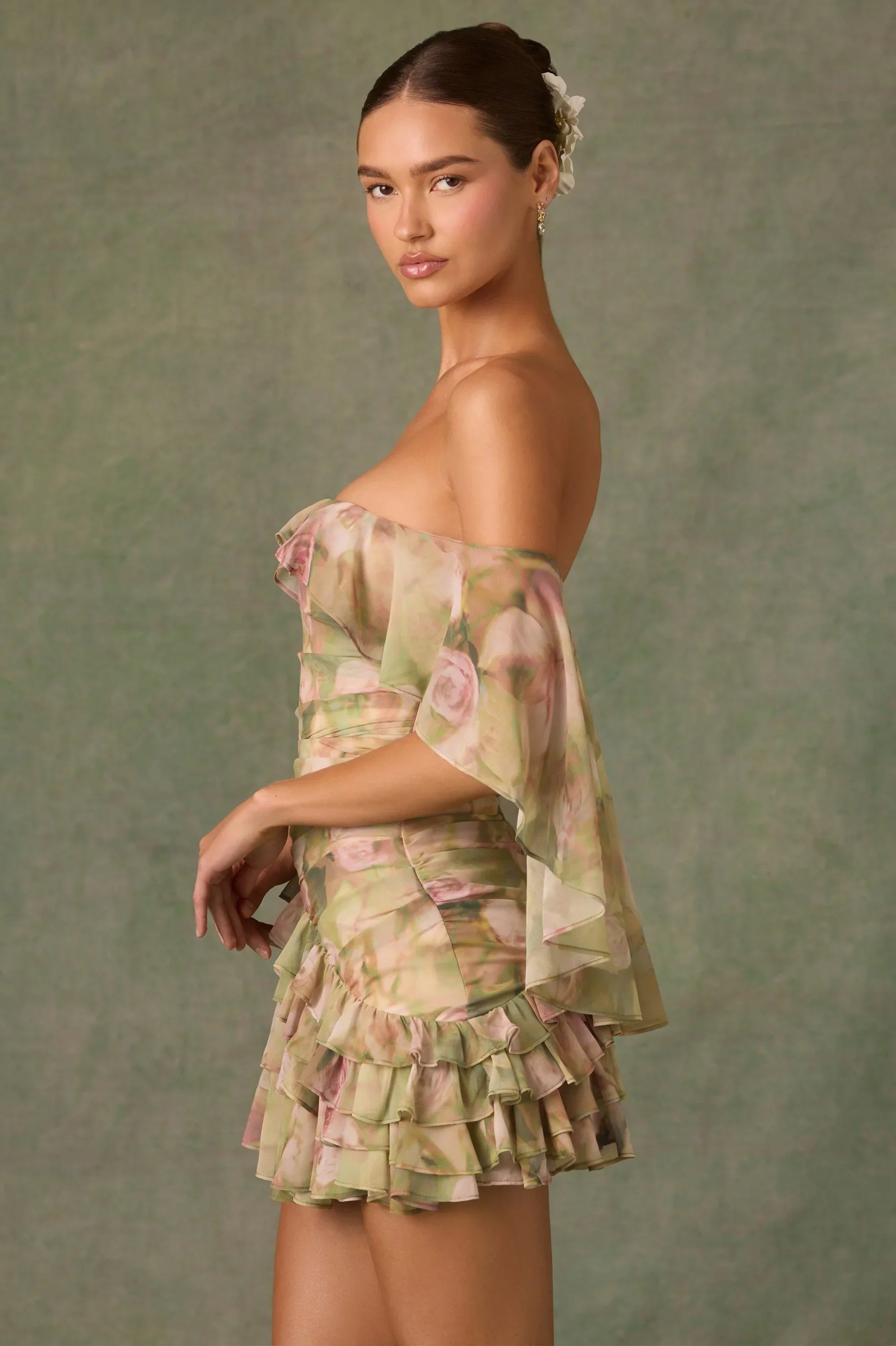 Off-Shoulder Ruffled Mini Dress in Floral Multi Print