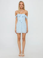 Christiana Off Shoulder Mini Dress Light Blue Burnout