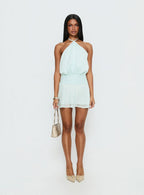 Rozario Chiffon Halter Mini Dress Aqua / Silver