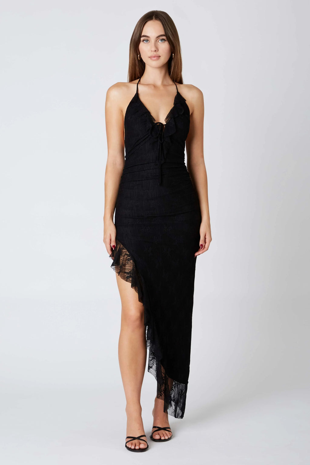 Lace Halter Asymmetrical Midi Dress