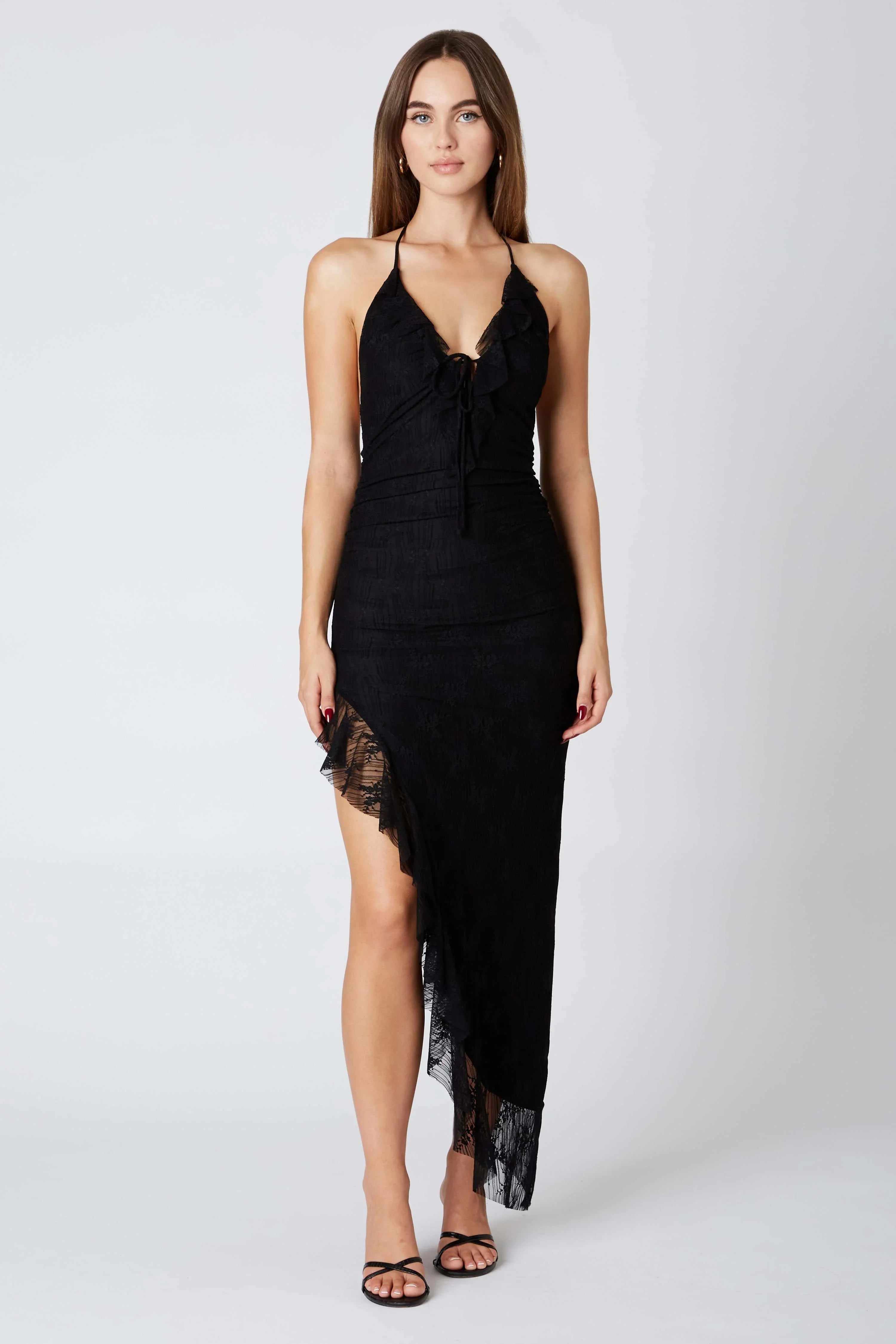 Lace Halter Asymmetrical Midi Dress