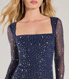 Dazzling Glam Long Sleeve Rhinestone Mesh Mini Dress