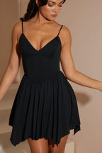 Handkerchief Hem Plunge Neck Mini Dress in Black