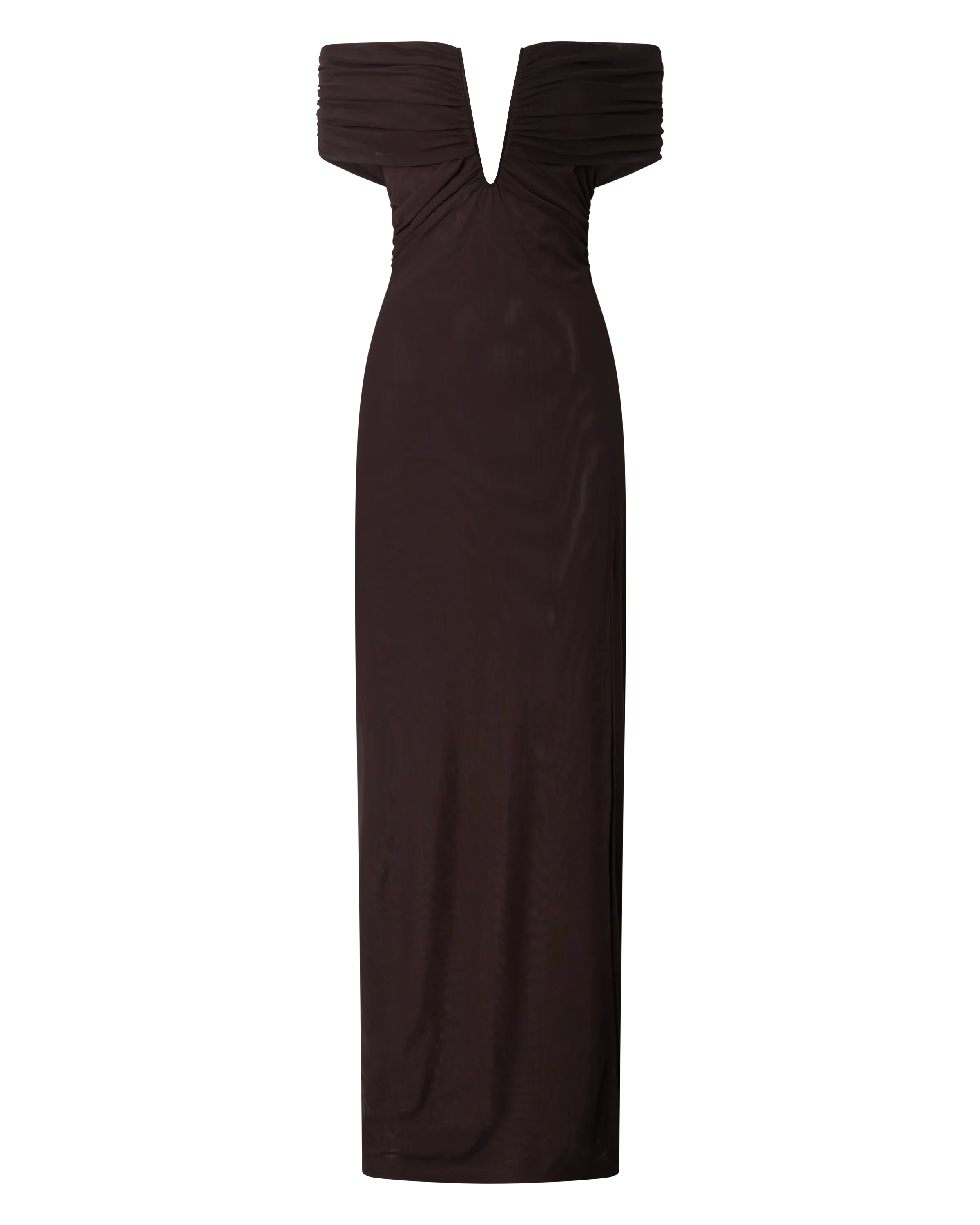 Alessia Maxi Dress - Off Shoulder Ruched Bodycon Dress in Chocolate