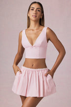 Ruched Drawstring Mini Skirt in Soft Mauve Stripe