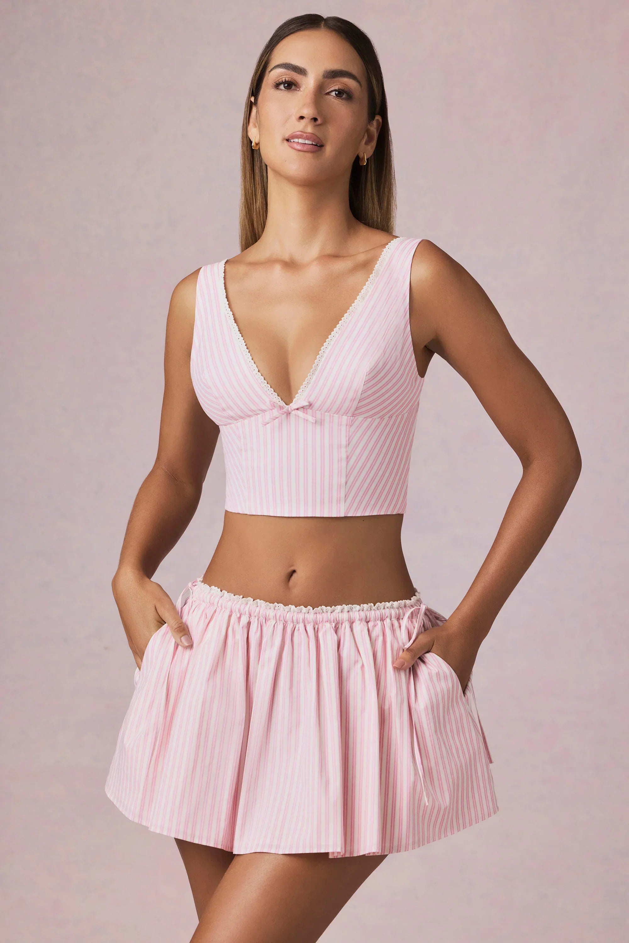 Ruched Drawstring Mini Skirt in Soft Mauve Stripe