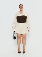 Belva Long Sleeve Corset Shirt Mini Dress Brown Stripe Curve