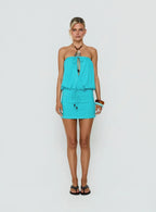 Upper Echelon Draped Strapless Mini Dress Cyan