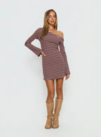 Adrietta Long Sleeve Off Shoulder Mini Dress Chocolate / Pink Stripe