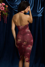 Ruched Plunge Halterneck Midi Dress in Maroon Floral Print
