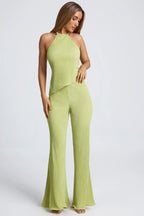 Open-Back Asymmetric Halterneck Top in Olive Green