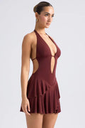 Ruffled Cut-Out Halterneck Mini Dress in Chestnut Brown
