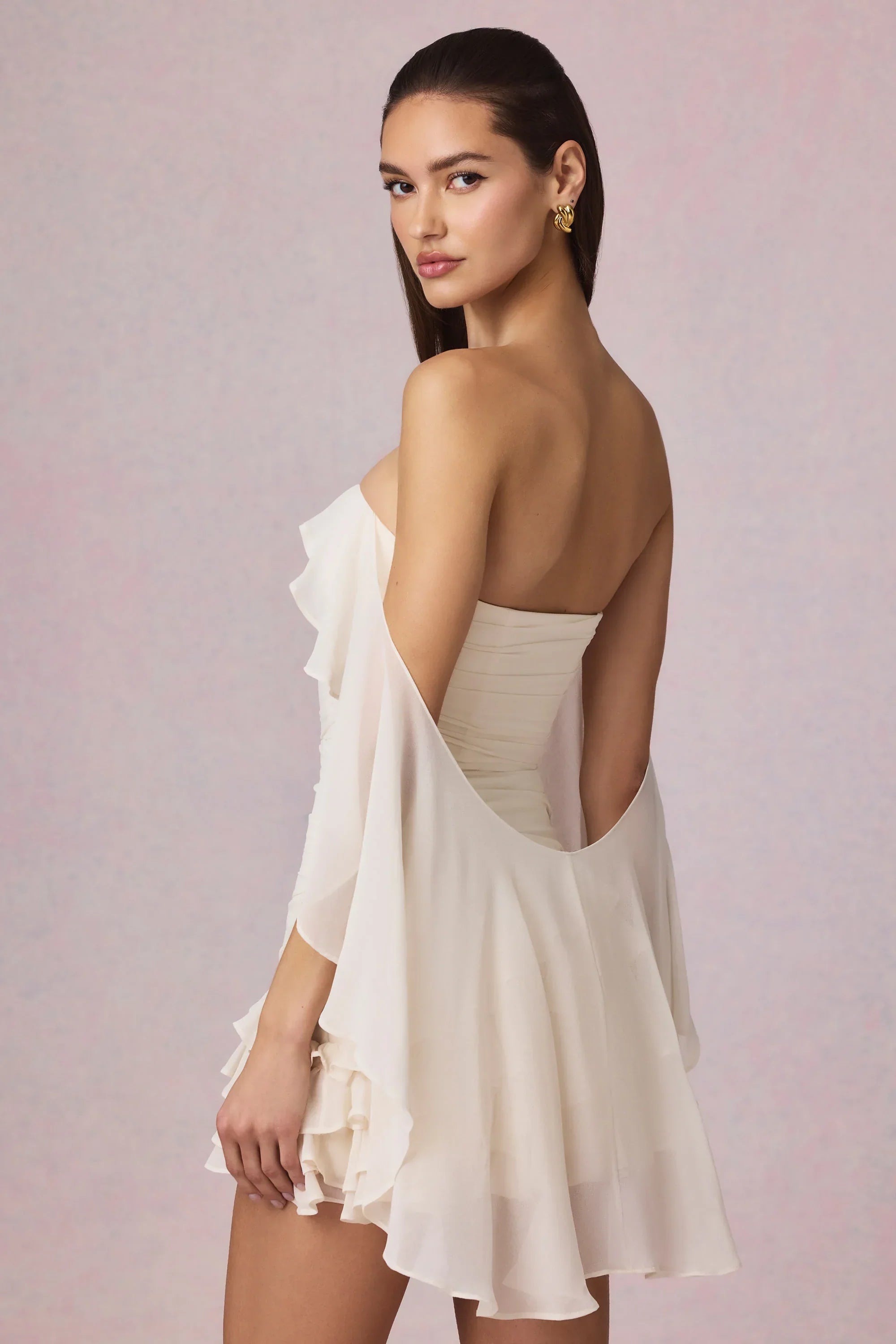 Off-Shoulder Ruffled Mini Dress in Ivory
