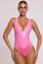 Vinyl Plunge Neck Bodysuit in Pink