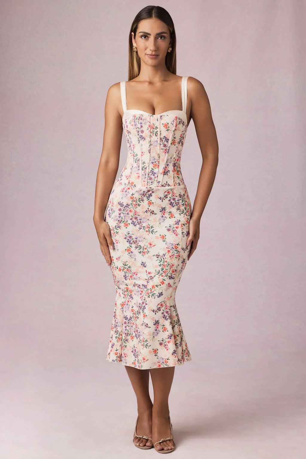 Layered Bra-Detail Fishtail Midaxi Dress in Primrose Floral Print