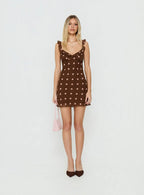 Lozie Frill V Neck Mini Dress Brown Polka Dot