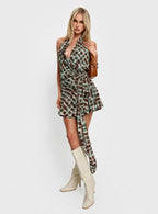 Brissa Halter Wrap Mini Dress Brown Multi