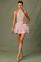 Embellished Ruffled Halterneck Mini Dress in Dusty Rose