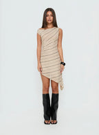 Jamyma Asymmetrical Mini Dress Beige Stripe