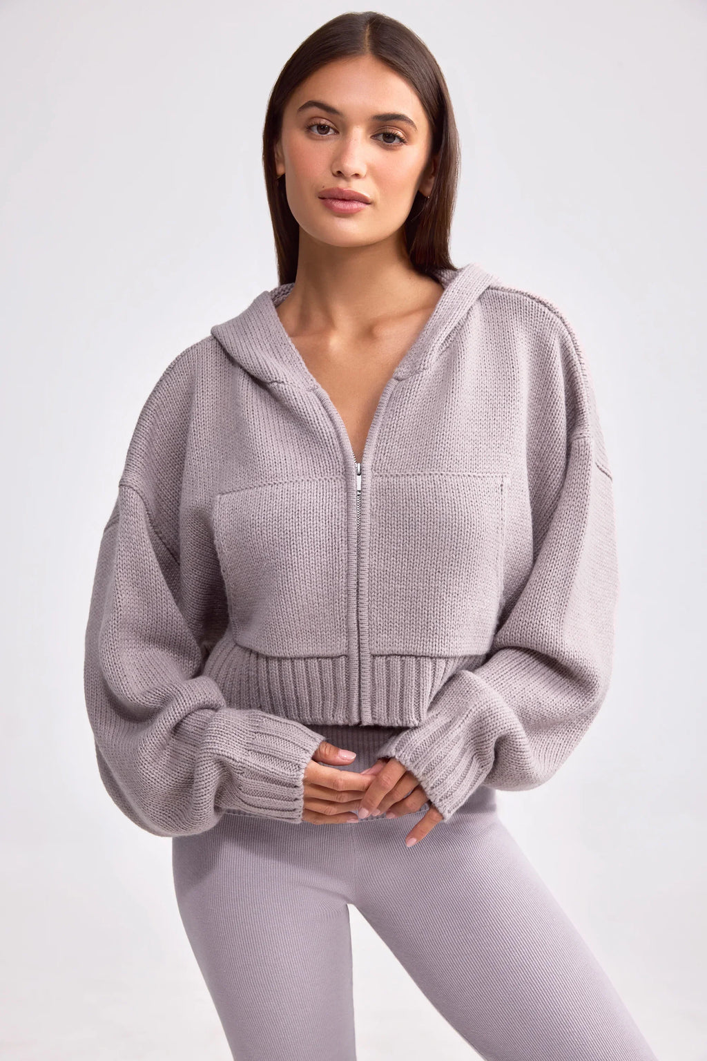 Cropped Zip-Up Chunky Knit Hoodie in Dusty Lavender