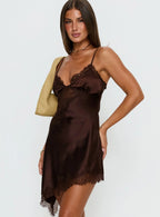 Raines Asymmetrical Lace Mini Dress Brown