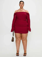 Taylon Off Shoulder Long Sleeve Mini Dress Red Curve