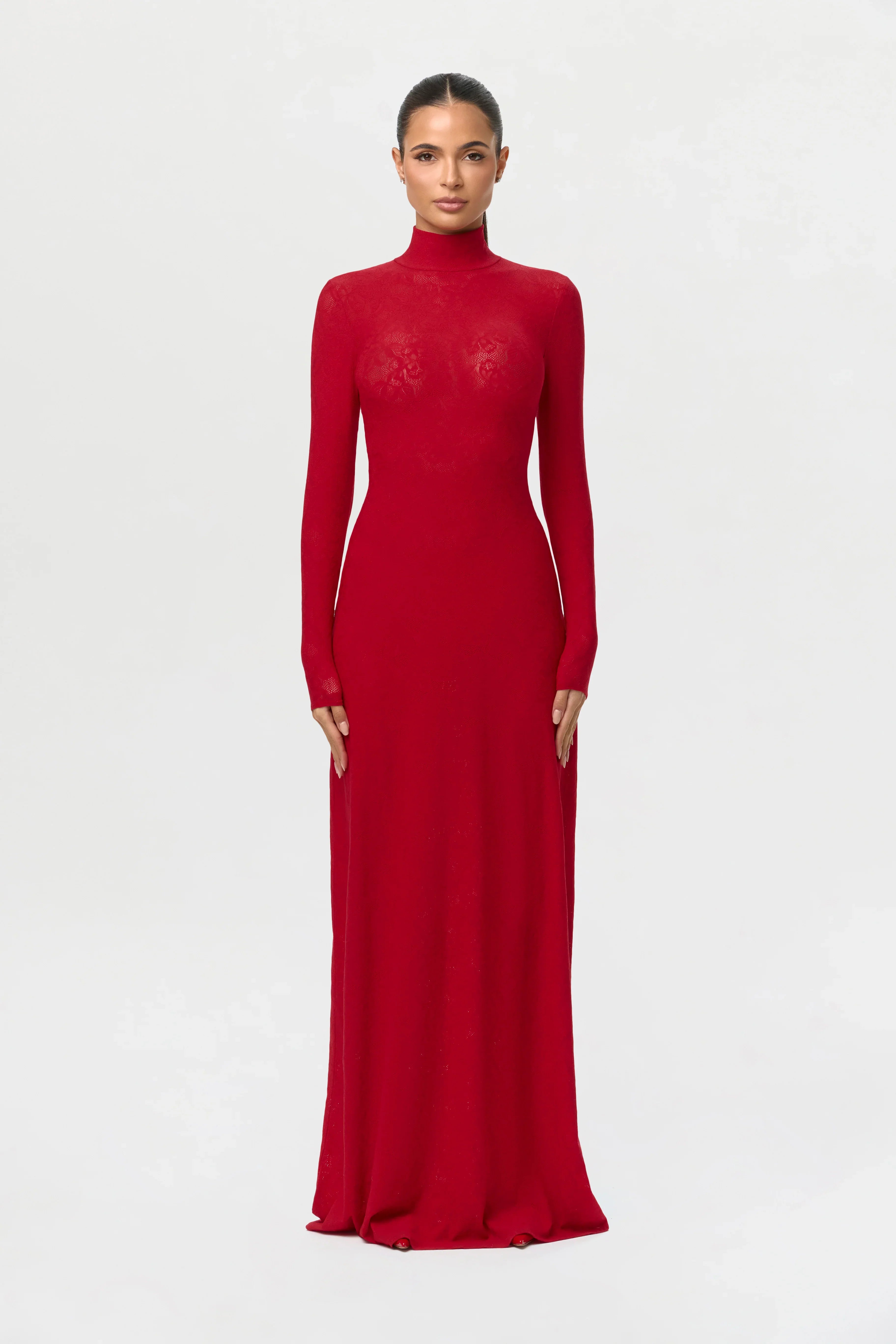 Stretch Lace Turtleneck Maxi Dress