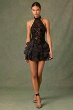 Embellished Ruffled Halterneck Mini Dress in Black