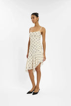 Asymmetric Frill Midi Dress | Ivory Polka