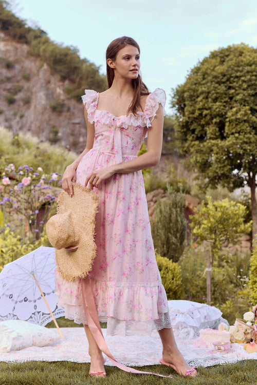 Anya Tecel Lace Floral Midi Dress in Pink
