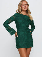 Jadee Long Sleeve Mini Dress Green Burnout