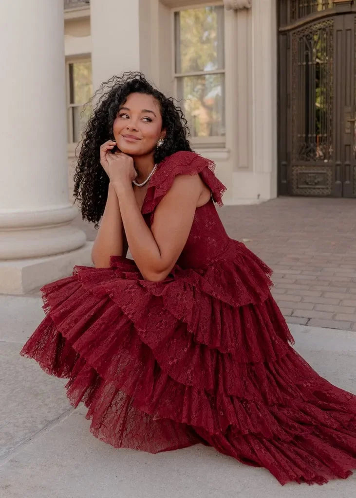 Romantic Ruffle Tiered Lace Midi Dress – Burgundy / Apricot / Black