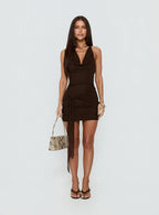 Hunta Halter Plunge Mini Dress Chocolate