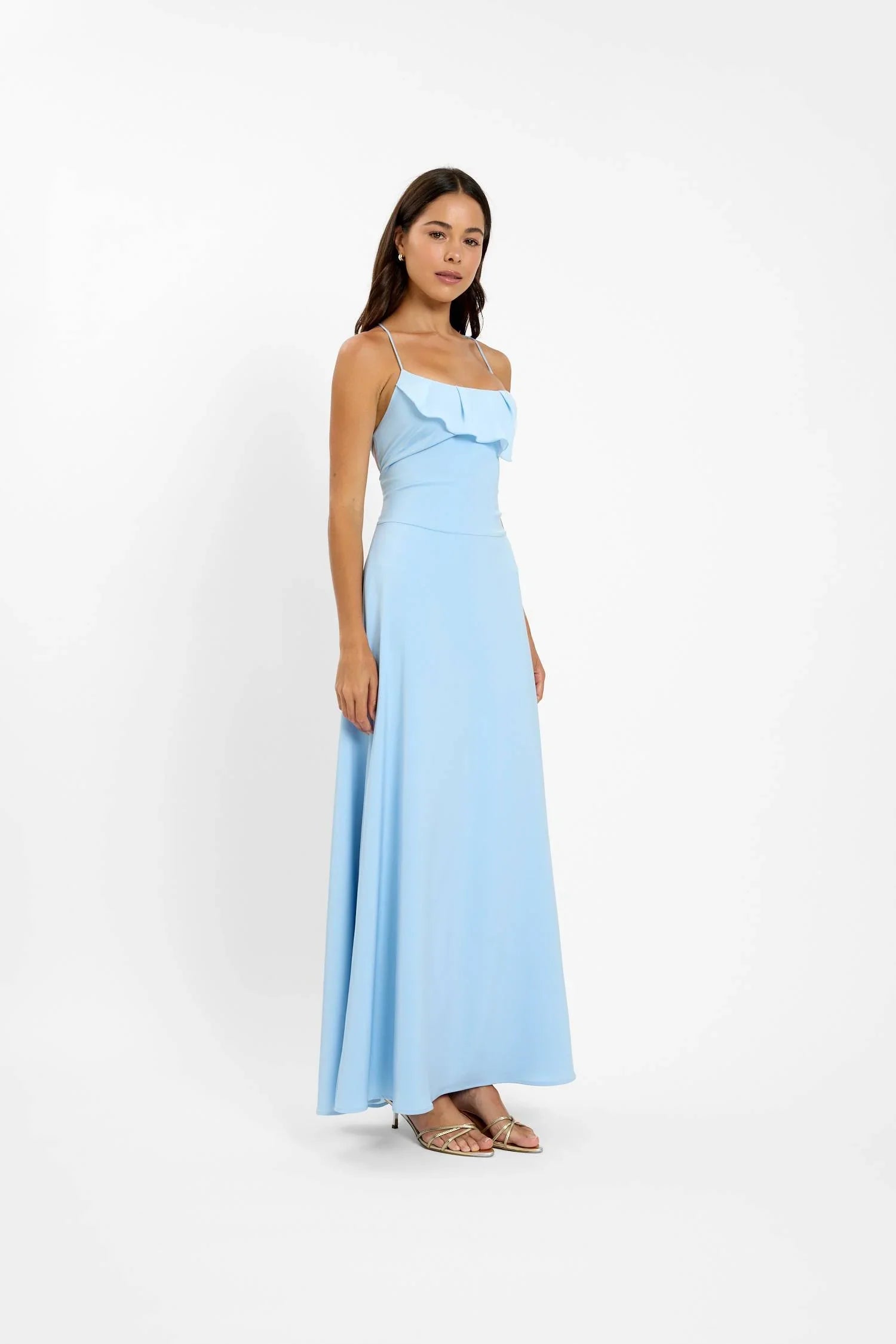 Pre-order: Frill Backless Maxi Dress | Baby Blue Satin