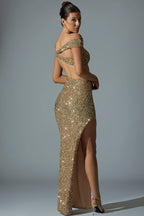 Embellished Asymmetric Cut-Out Gown in Gold
