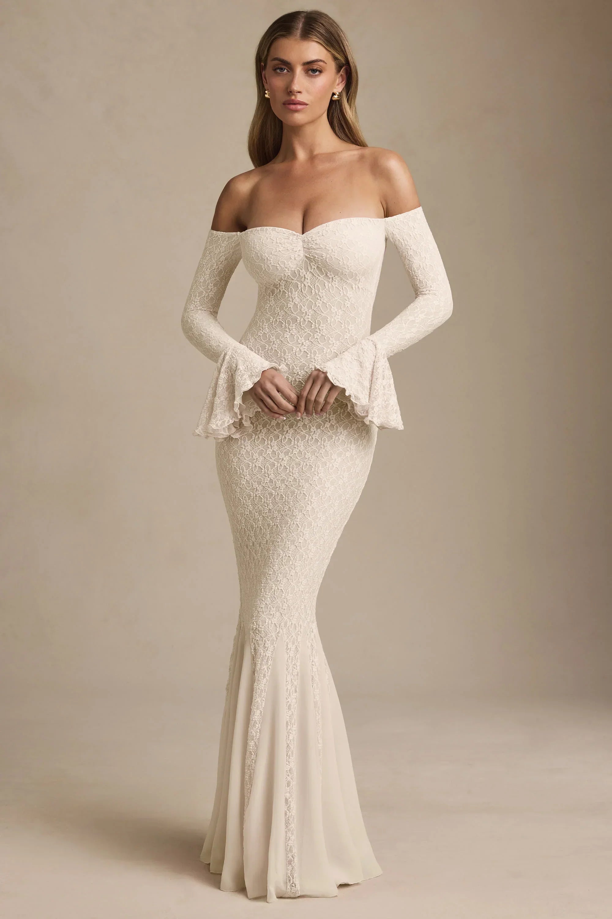 Off-Shoulder Ruffle Lace Maxi Dress in Ivory