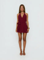 Dream Of Me Wrap Halter Mini Dress Burgundy