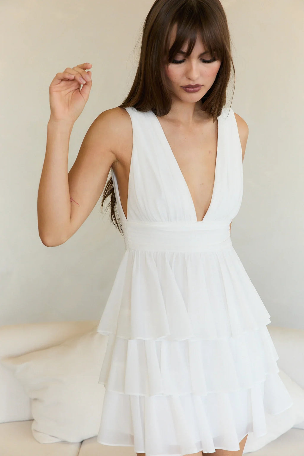 V Neck Tiered Mini Dress