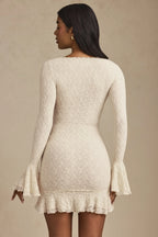 Long-Sleeve Ruffled Lace Mini Dress in Ivory