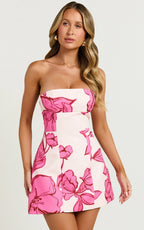 Catharine Mini Dress - Strapless A Line Dress in Bouquet Di Fiori Print