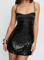Alishia Satin Sequin Corset Mini Dress Black