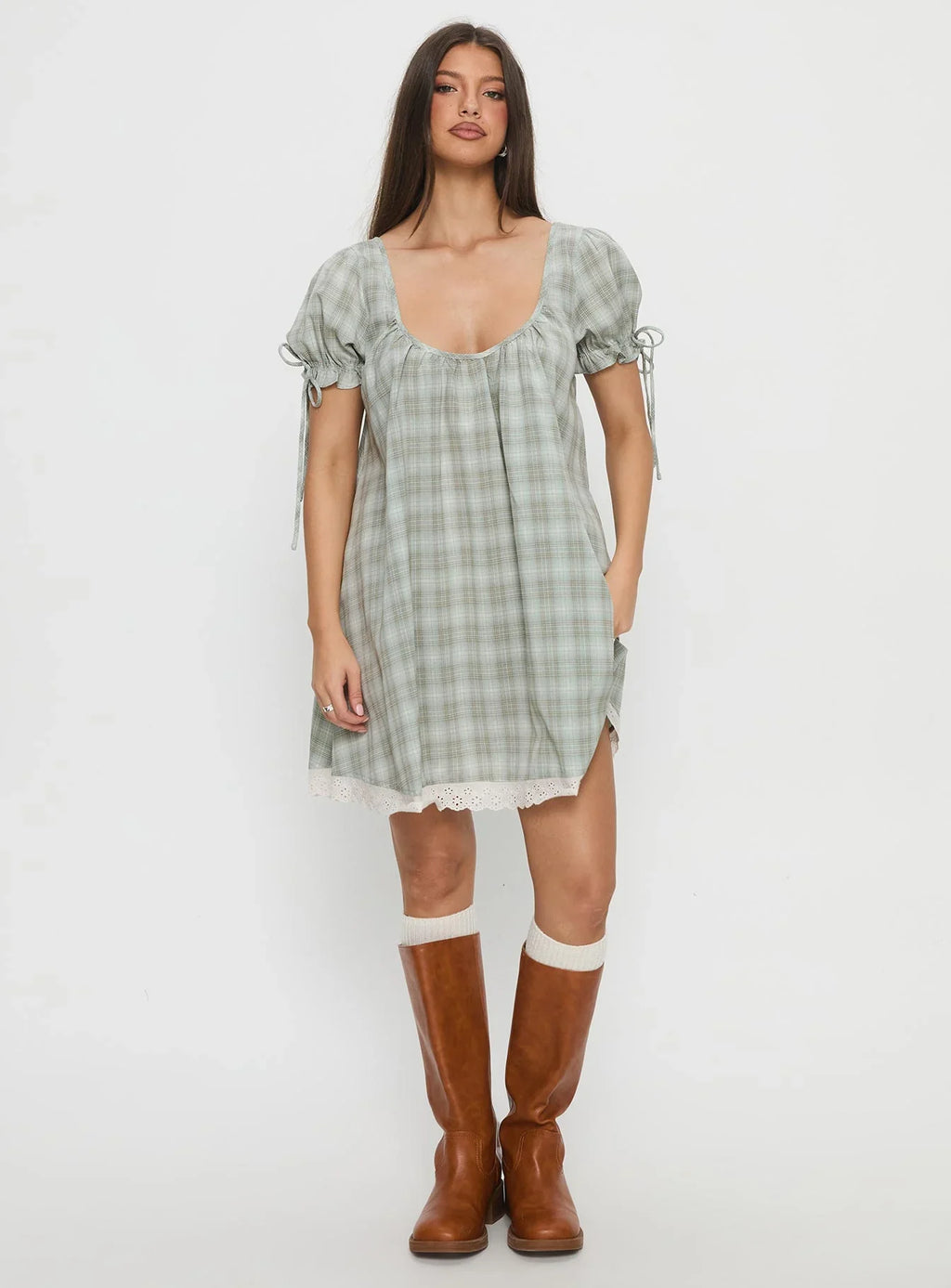 Embracing Puff Sleeve Swing Mini Dress Blue Check