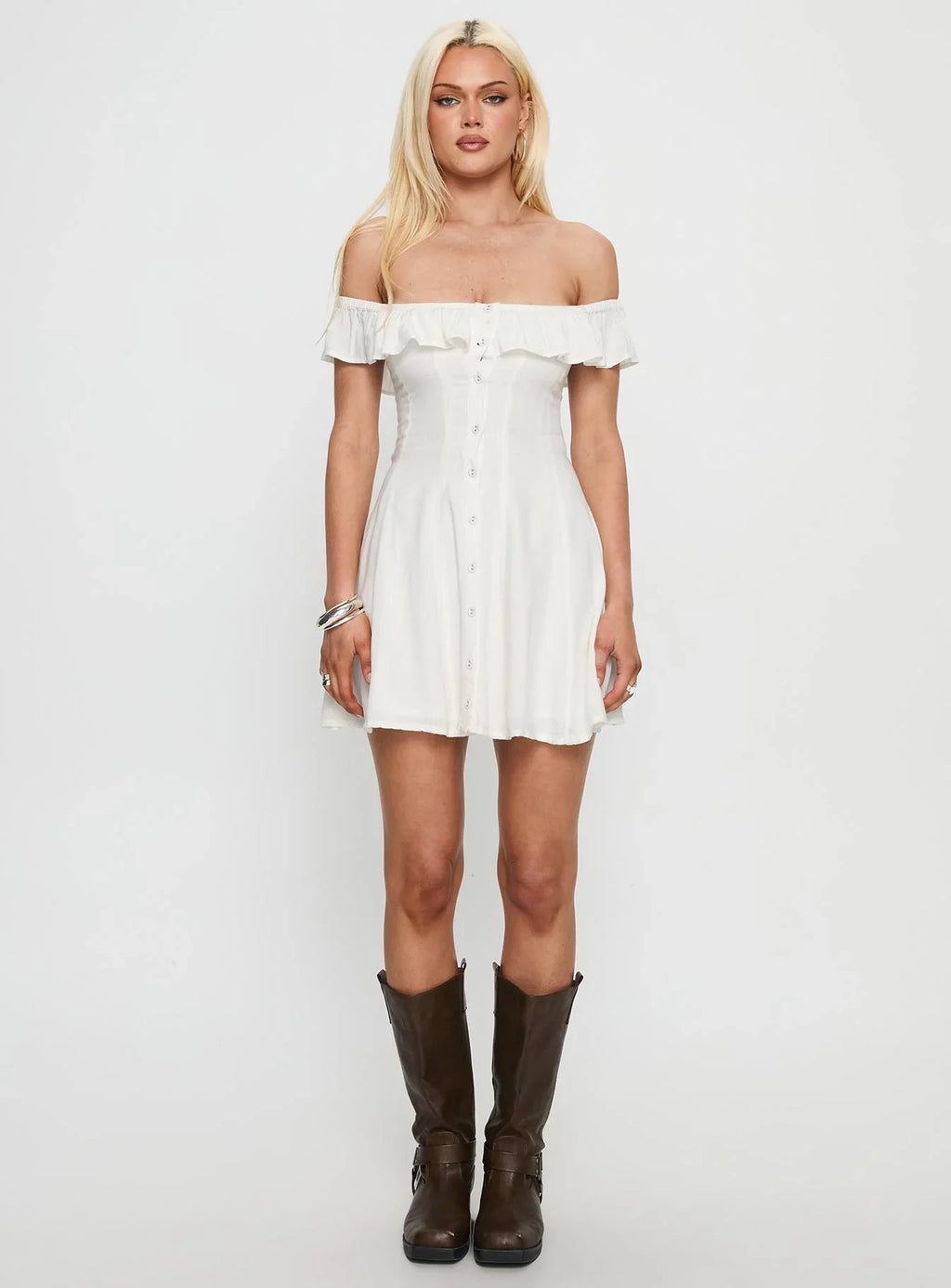 Corail Off Shoulder Frill Mini Dress White