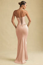 Draped Low-Rise Maxi Skirt in Beige Gold