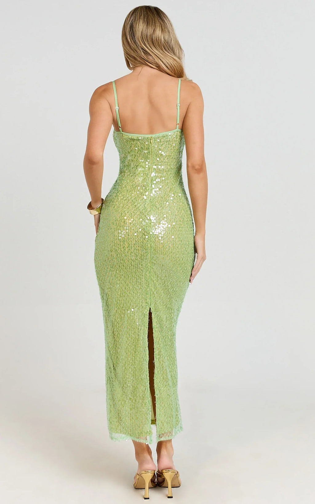 Sierra Midi Dress - Sequin Square Neck Bodycon Dress in Green